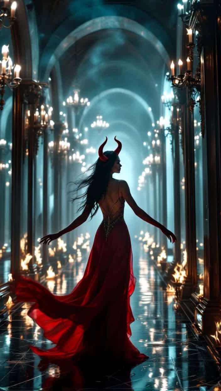 A beautiful devil woman, dancing in a room of flames and mirrors 