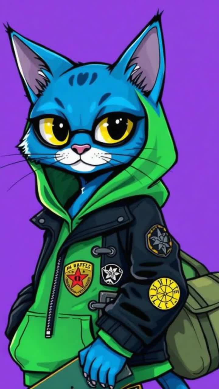 Blue cat character with oversized ears and mischievous eyes sporting a green hoodie layered with a black leather jacket covered in colorful patches gripping a skateboard in one hand while clutching a stylish bag in the other gliding effortlessly across a vibrant purple background bursting with abstract shapes and graffiti art radiating an energetic urban vibe filled with playful graffiti and neon lights reflecting street culture