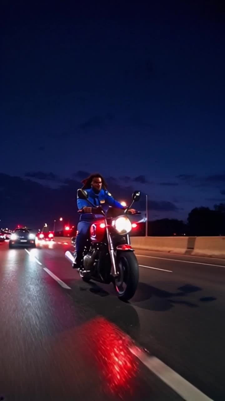 Muscular officer with golfskinned dreadlocks in blue uniform speeds on a sleek threewheeled motorcycle flashing vibrant red neon lights sirens wailing with urgency weaving through the express lane Highspeed chase unfolding on a bustling East Tennessee expressway illuminated by bright headlights of passing cars reflecting off glossy surfaces Night sky painted with deep indigo hues creates an intense backdrop as adrenaline surges through the scene rhythmic thumping of engines fills the air alongside the racing heartbeat of the officer focused and determined navigating the chaos around him