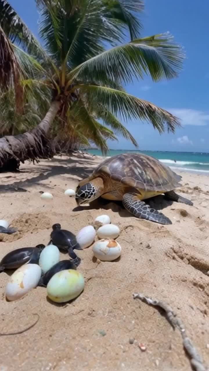 Parent sea turtles watch over their hatchlings as droves of baby sea turtles make their way from secluded palm trees of beach to ocean and more eggs are hatching