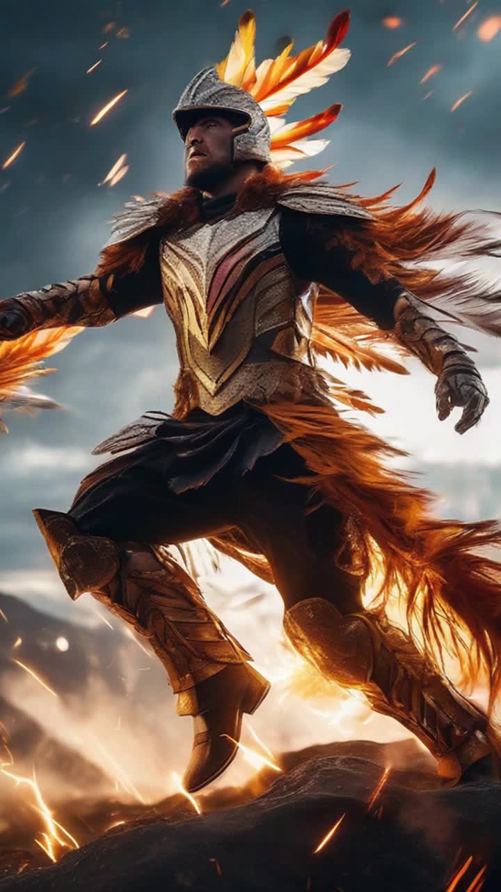 Fierce warrior clad in shimmering armor with vibrant feathers agilely spins and leaps unleashing powerful electrifying strikes amidst chaos Intense battlefield erupting with swirling flames and shadows of enemies towering mountains silhouetted against a stormy sky crackling with energy swirling winds carrying echoes of clashing metal and distant roars