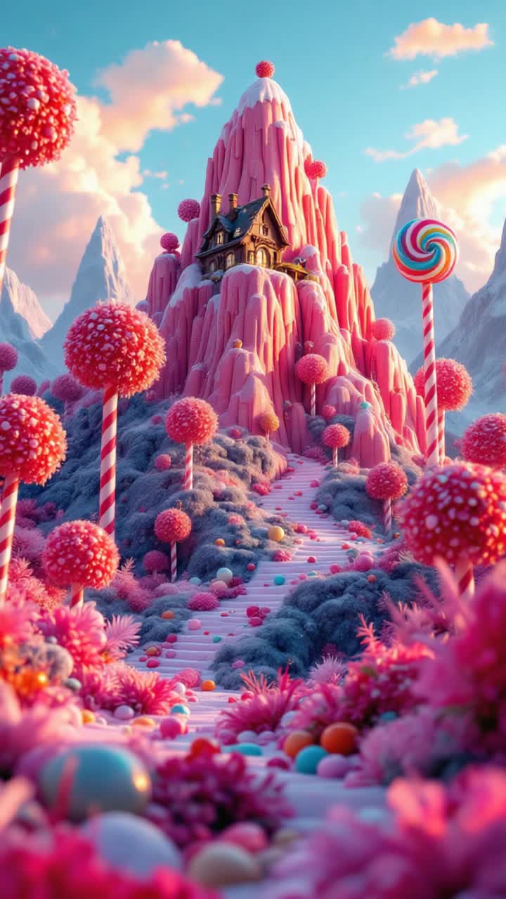 The candy mountain with the candy house and lollipop trees  