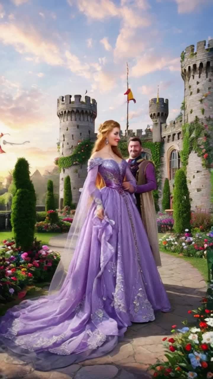 Radiant Rapunzel in a flowing purple gown shimmering golden locks cascading down her back Charming Eugene in regal attire walking beside her with a warm smile Lush royal gardens bursting with vibrant flowers and intricate topiary Grand castle towers piercing the sky adorned with ivy Colorful birds soaring gracefully above under a dreamy pastel sky Glimmering sunlight casting dappled shadows creating a tranquil yet adventurous atmosphere Surroundings alive with vibrant hues and intricate details pulling viewers into a magical fairy tale world Hyperrealistic cinematic 3D surrealism enveloping the scene with enchanting allure