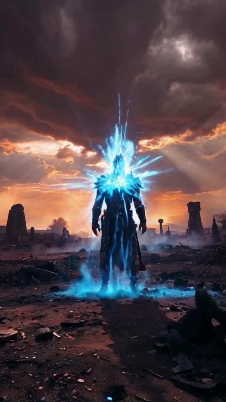 Chosen warrior radiating fierce blue glow standing tall victorious remnants of horde dissolve into shimmering dust around him epic battleground scorched earth scattered debris remnants of a fierce battle twilight sky painted in hues of orange and purple dramatic clouds swirling ominously lingering tension in the air echoes of distant roars fading into silence ancient ruins looming in the background remnants of a long-lost civilization vibrant energy pulsating around warrior symbolizing unwavering resolve