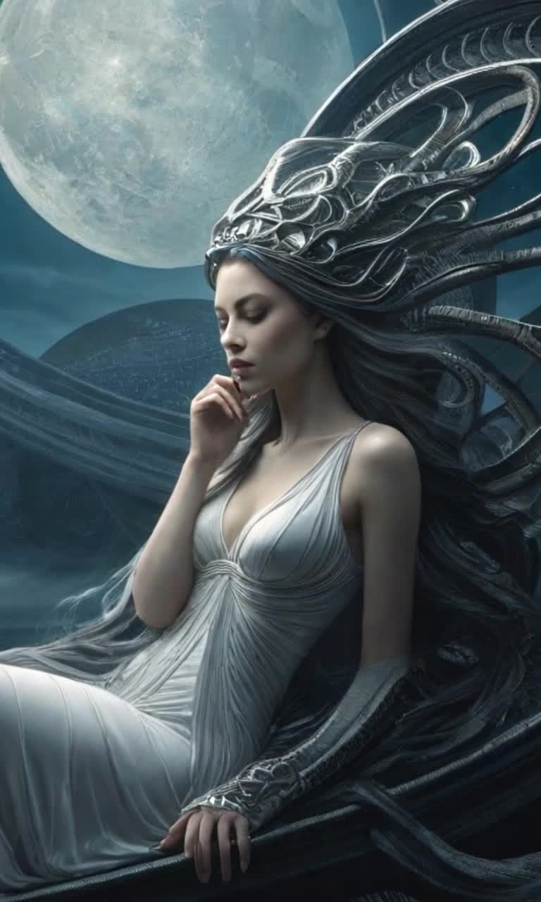 Serene woman enveloped in soft silks reclining gracefully beneath shimmering moonlight, absorbing luminous glow radiating tranquility, Quiet moments of stillness envelop her as ethereal night sky twinkles with distant stars, Gentle rustle of leaves whispers softly in the cool night air, Fragrant blossoms sway gently adding a touch of enchantment to peaceful scene, Celestial beauty creates a dreamlike atmosphere filled with serenity and awe