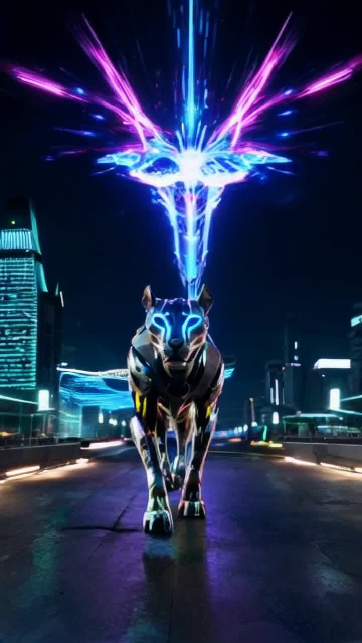 Mechanical cheetah glinting with chrome and neon accents roaring into motion as sleek metal limbs propel it forward Energetic lunge aimed at elusive digital phantom shimmering like a mirage in vibrant colors Surrounding neon haze pulsating with electric blues and pinks flickering like a living canvas against the darkened skyline vibrant cityscape alive with swirling lights and futuristic architecture