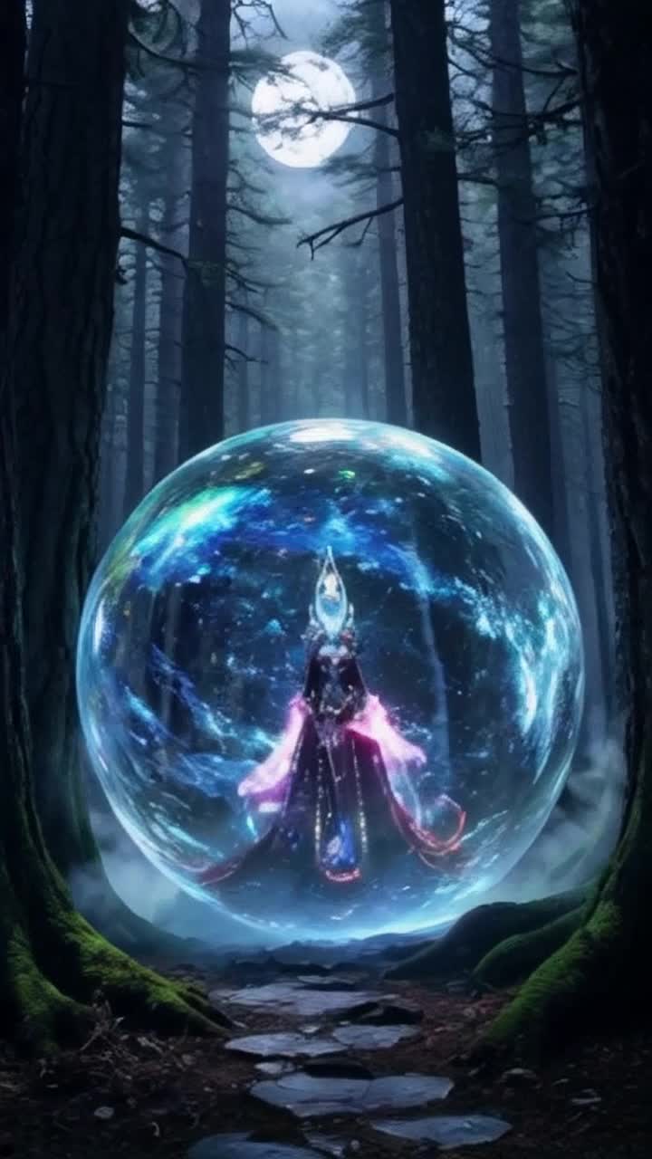 Mystical giant crystal ball radiating with swirling colors showcasing an enigmatic alien witch goddess,  emerging from shimmering depths Ethereal light pulses as the figure slowly reaches out with a hand beckoning with a silent invitation Enchanted forest surrounds this captivating scene thick mist weaving through ancient trees illuminated by soft moonlight casting an otherworldly glow 