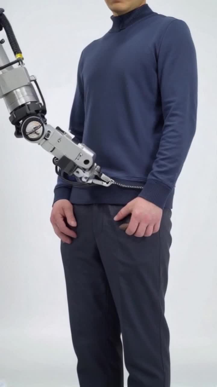 industrial robotic woman, her metallic joints gleaming under bright studio lights, closing the zipper on a pair of mens trousers The man wearing the trousers stands still, a neutral expression on his face, as the robotic arm performs its task The background is a clean, minimalist white studio backdrop The scene is captured using a wideangle lens to encompass the entire interaction between the man and the robotic arm, highlighting the intricate movements of the arm and the closing of the zipper The image creates a sense of stark contrast between man and machine, with the precision of the industrial robotic arm juxtaposed with the passive posture of the man