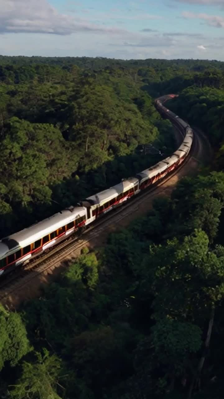 magical train racing through a jungle landscape, cinematic shot, dynamic lighting, 75mm, Technicolor, Panavision, cinemascope, sharp focus, fine details, 8k, HDR, realism, realistic, key visual, film still, cinematic color grading, depth of field