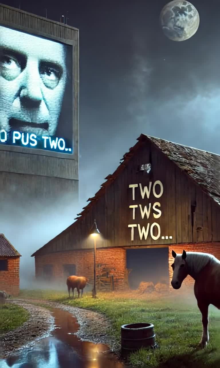 Animals in a desolate farm whispering secrets amidst daily toil and oppression Two weary cows exchanging glances filled with uncertainty A pig turning away hiding its doubt from prying eyes A solitary hoofprint etched in mud hinting at rebellion A weathered horse named Winston cautiously treading towards crumbling windmill ruins Moonlight filtering through thick fog illuminating broken stones A faint inscription reveals forbidden words echoing in the silence Two plus two Heart racing with newfound hope A sense of defiance igniting beneath the oppressive gaze of a telescreen