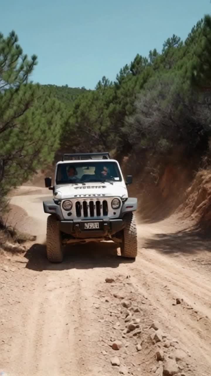 Father figure joyfully driving a massive white jeep with bold black accents through rugged terrain with a playful grin on his face vibrant sun illuminating the landscape green trees swaying alongside winding dirt road dusty trails trailing behind reflecting adventure beckoning in vast open sky