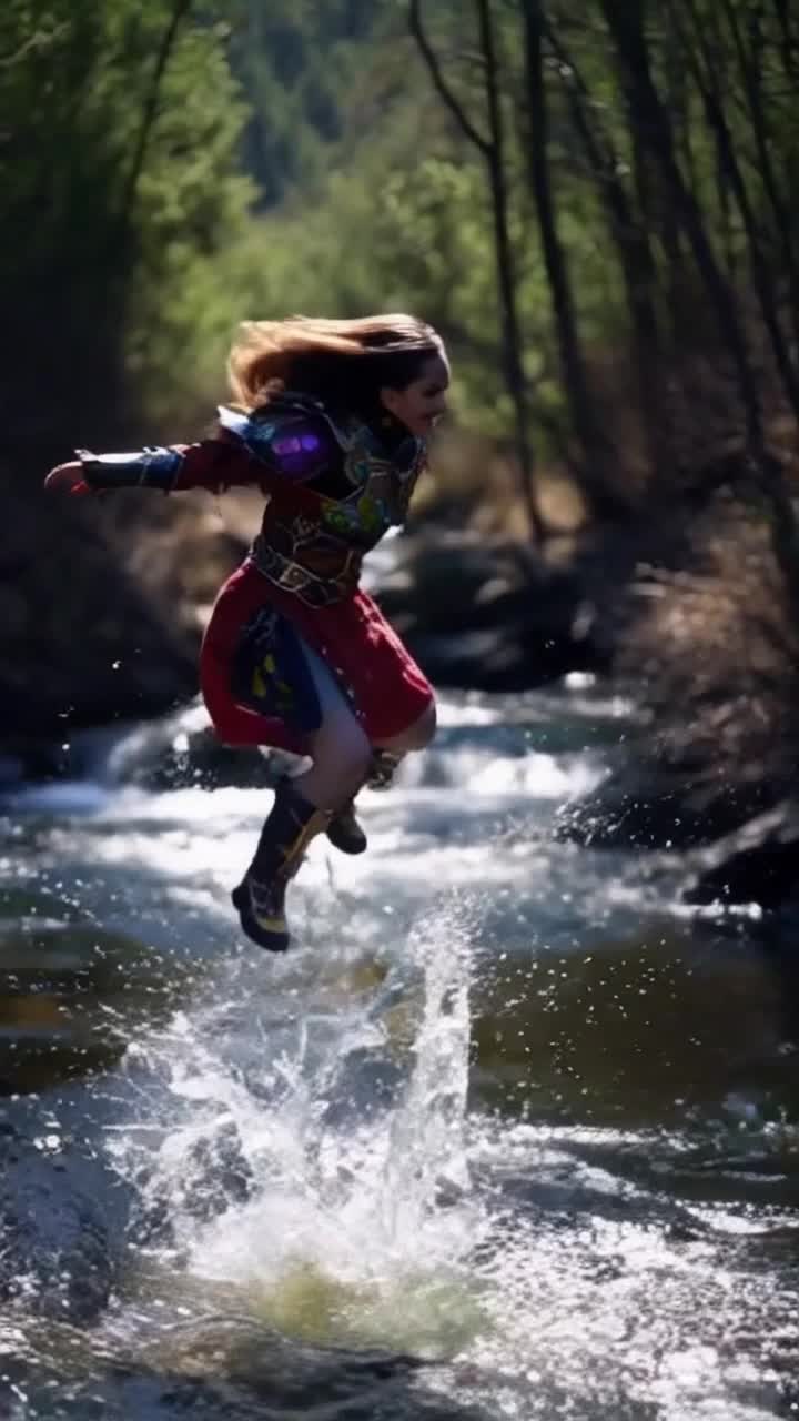 Gamer in colorful armor with flowing hair leaps gracefully over a glimmering crystalline stream Ecosystem erupts into a vibrant display of dazzling colors revealing hidden identity through shimmering patterns in lush foliage and sparkling water reflecting sunlight