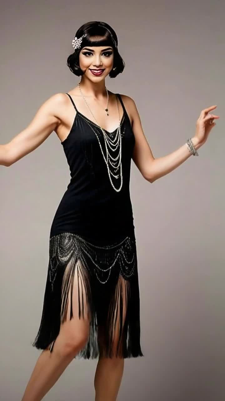 Graceful flapper twirling with flowing fringe dress sparkling sequins nimble movements exuding vintage charm Radiant smile illuminating a lively jazz club filled with vibrant colors Art deco architecture ornate mirrors gleaming chandeliers casting warm light on cheering crowd mingling with live band playing upbeat jazz melodies