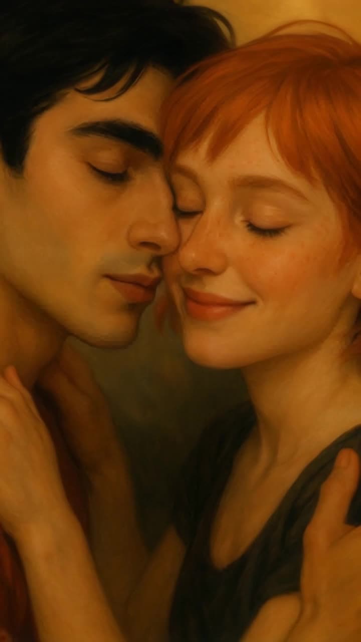 Passionate couple entwined in a warm embrace gazes deeply into each others eyes gently leaning in for a kiss Softly illuminating sunset paints the sky in vibrant hues of orange and pink casting a golden glow around them Whispering waves of a nearby ocean create a serene melody enhancing the intimacy of the moment