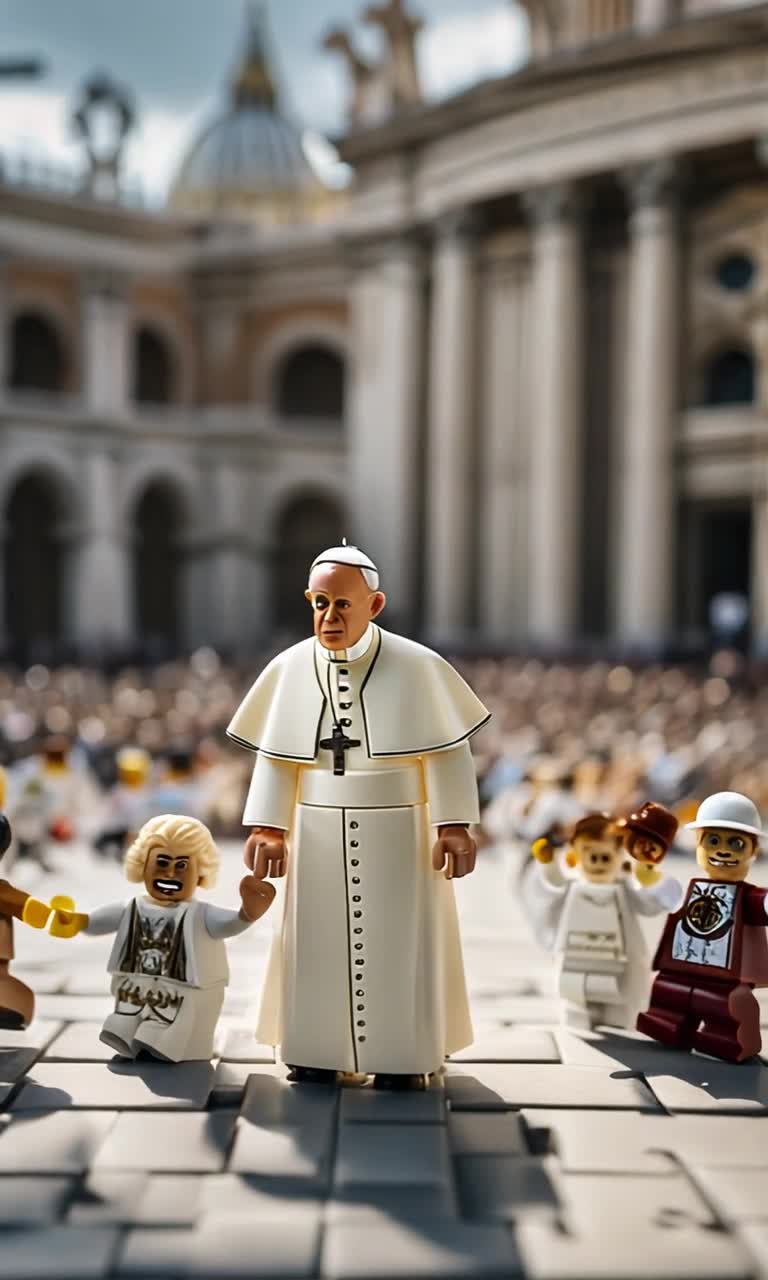 The pope is a Mattel action figure with bendable arms and legs Many small LEGO characters are running around the Pope they are at the Cathedral in vatican city  the people are happy