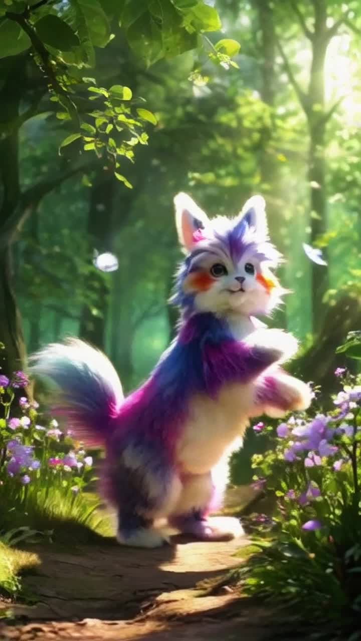 Whimsical furry creature with vibrant colors soft fur and sparkling eyes prances playfully through a mystical enchanted forest Twirling joyfully among blooming flowers with fluttering butterflies surrounding her Sunlight filters through lush green leaves casting a warm glow on her radiant form Gentle breeze rustles through the trees adding a sense of magic to the atmosphere