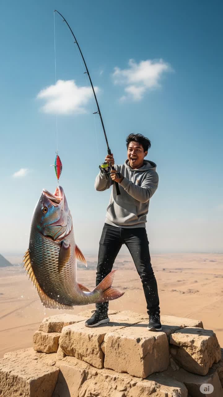  reeling in a massive, colorful fish that is leaping out of the air in front of him His hoodie is slightly fluttering in the desert breeze, his expression is amazed and joyful, and the fish is wet, detailed, with glistening scales reflecting sunlight The background is a sharp blue sky with a few white clouds, and the desert stretches clearly below The shot is clean, highcontrast, with strong daylight shadows and no haze The mans full body is visible, midaction pose, with dramatic clarity and photorealistic lighting, soft bokeh on distant desert background