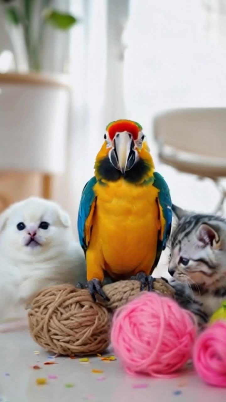 Animated cute baby parrots, kittens playing with balls of yarn, puppies just happy and being cute, happy birthday, hopping, party atmosphere , confetti 