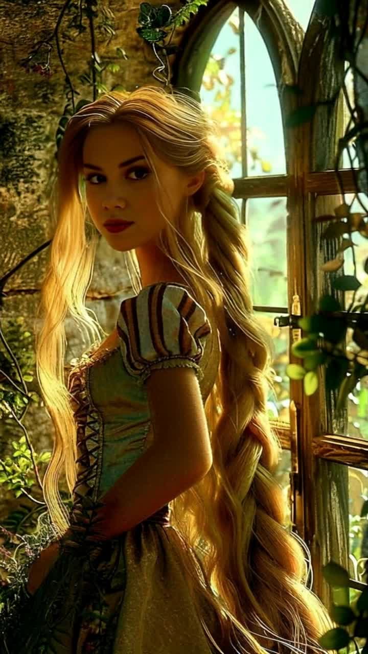 Silkenhaired Rapunzel in a flowing golden gown glances cautiously over her shoulder twirling gracefully away from the sunlit window Her vibrant garden blossoms with colorful flowers swaying gently as a soft breeze rustles the leaves High stone castle walls tower above the landscape casting long shadows on the ground while birds chirp melodiously in the distance