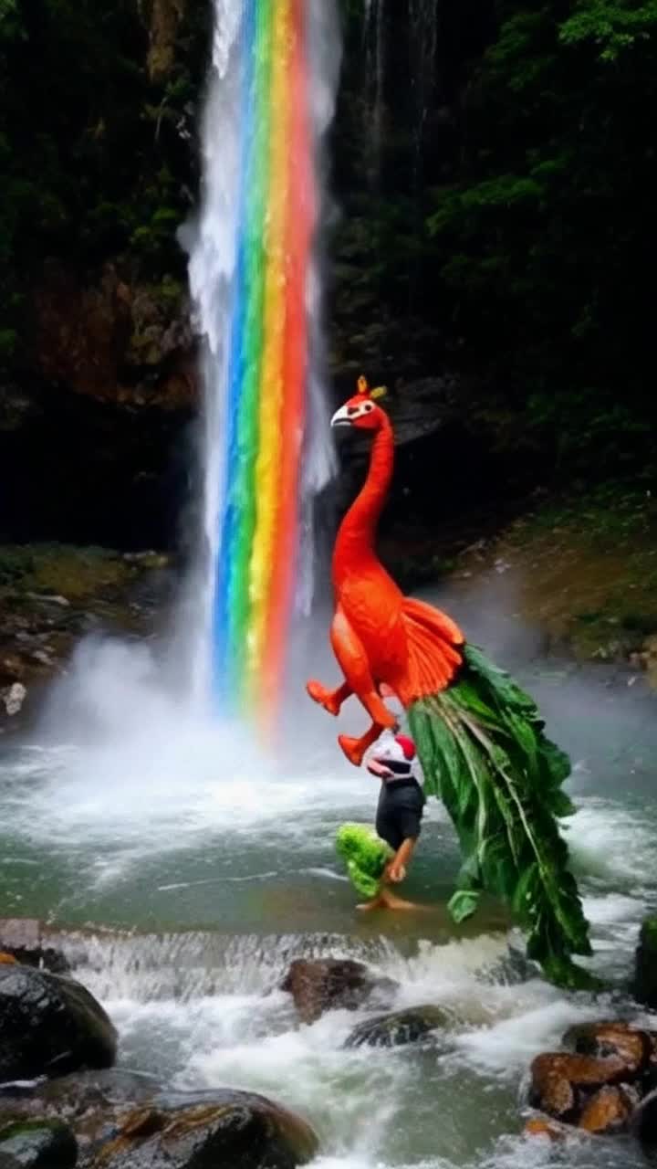A clown made of broccoli dancing with a peacock made of carrots spinning around a rainbow waterfall melting in the jealous air of complete chaos