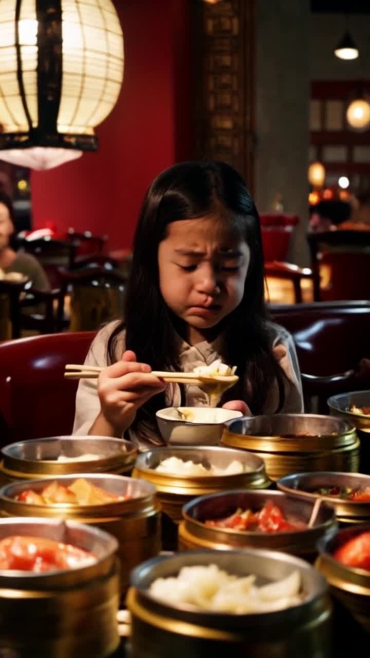  Japanese girl with tears streaming down her cheeks, delicately picking up a steaming piece of dim sum with chopsticks, surrounded by an array of colorful bamboo steamers Warm light from a nearby lantern casts soft shadows on her face, reflecting a mix of joy and sadness Cozy dim sum restaurant filled with vibrant red and gold decor, whispers of laughter echoing from nearby tables, enticing aromas wafting through the air, creating a contrast between her emotional moment and the bustling atmosphere around her
