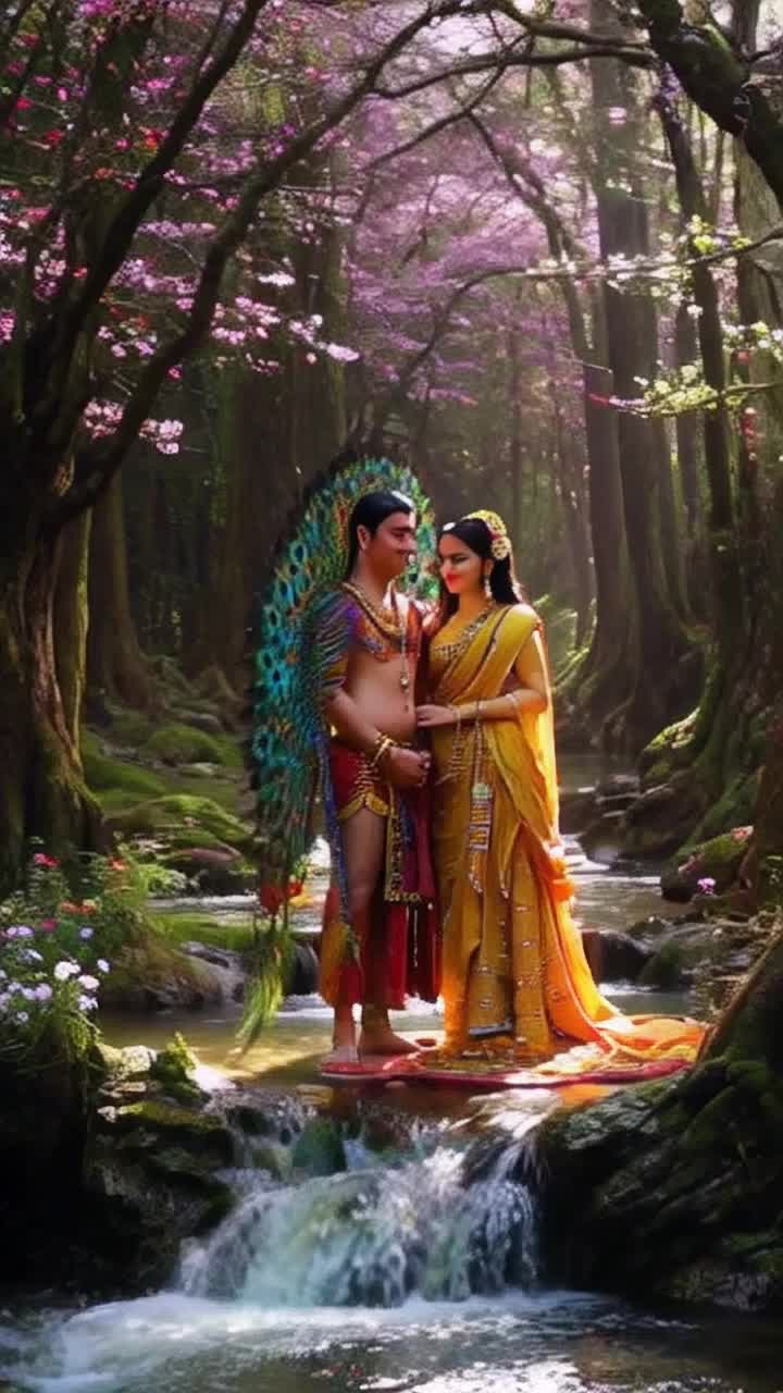 Krishna adorned in vibrant peacock feathers radiating divine charm alongside Radha illuminated by a soft golden glowSharing an intimate gaze filled with loveLost in a lush, blooming forest with vibrant flowers and soft sunlight filtering through ancient treesCreating a serene atmosphere infused with melodies of cascading streams and cheerful birdsong
