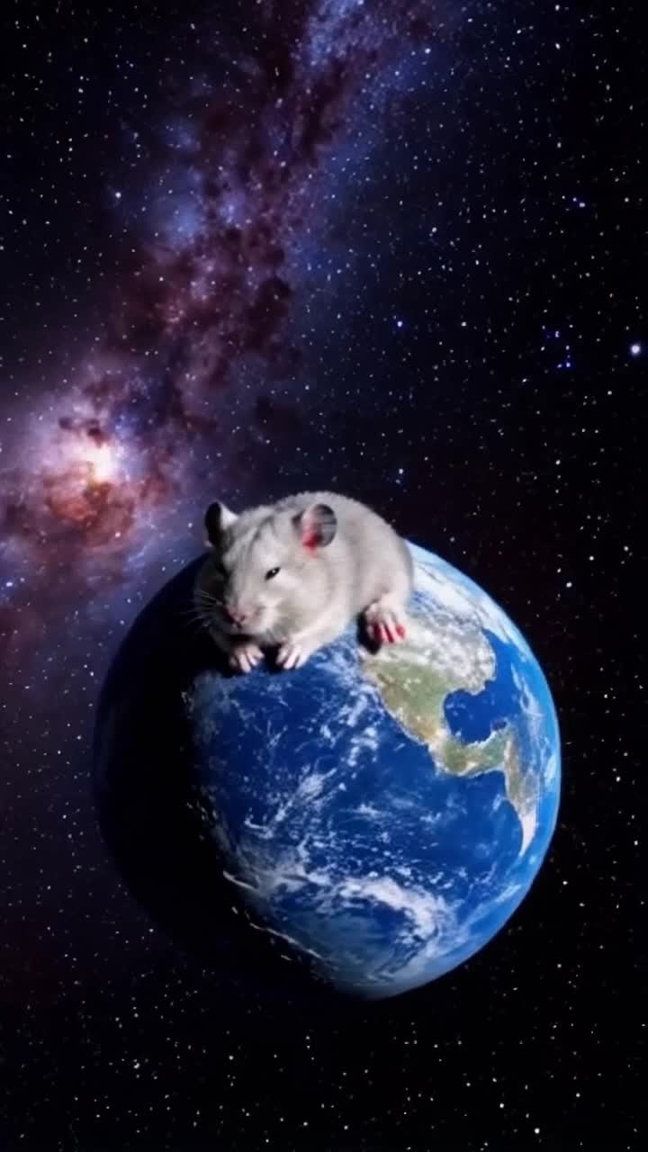 A giant hamster uses the planet Earth as a pillow, the far off sun and closer moon are but tiny night lights in its bedroom of the milky way of space