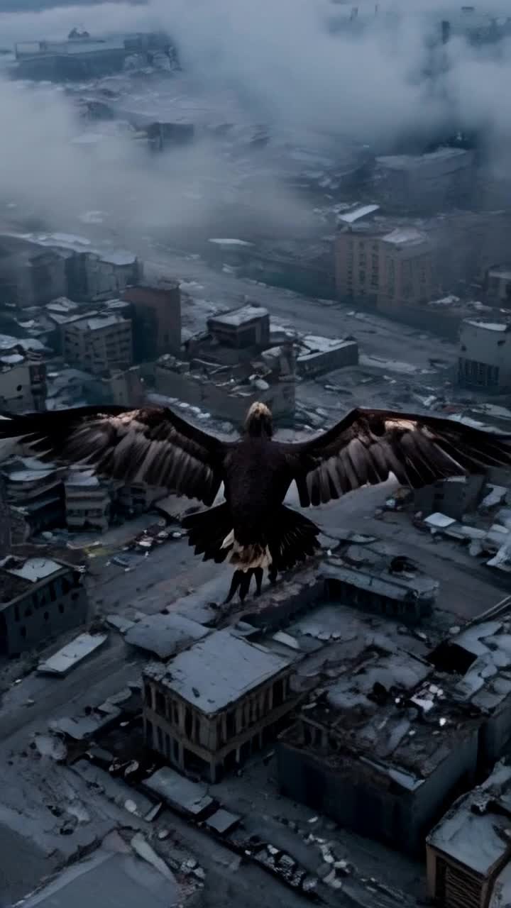 The eagle flies over the destroyed apocolyptic destruction with explosions and fog