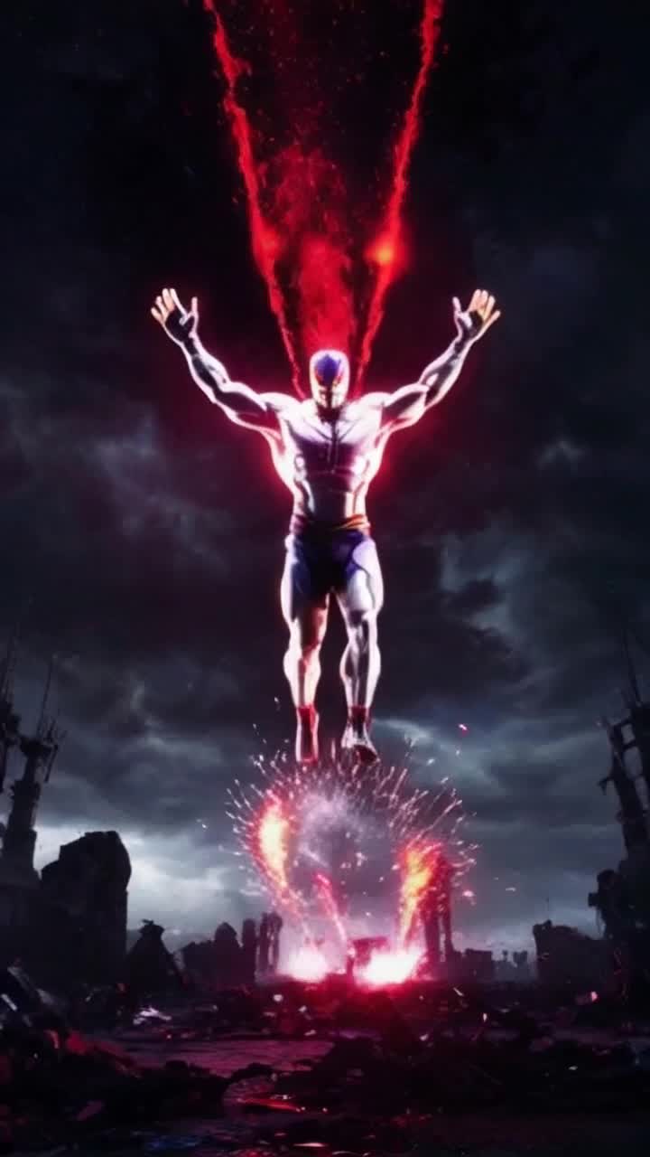 One muscular figure radiating energy unleashes a powerful leap through the air emanating radiant vibrational waves sending shockwaves rippling across a battlefield filled with crumbling enemies collapsing under the sheer force vibrant colors pulsate in waves illuminating the surrounding chaos dust rising in swirling patterns as a backdrop of an apocalyptic skyline looms overhead silhouettes of defeated foes merge with ruins creating a dramatic contrast