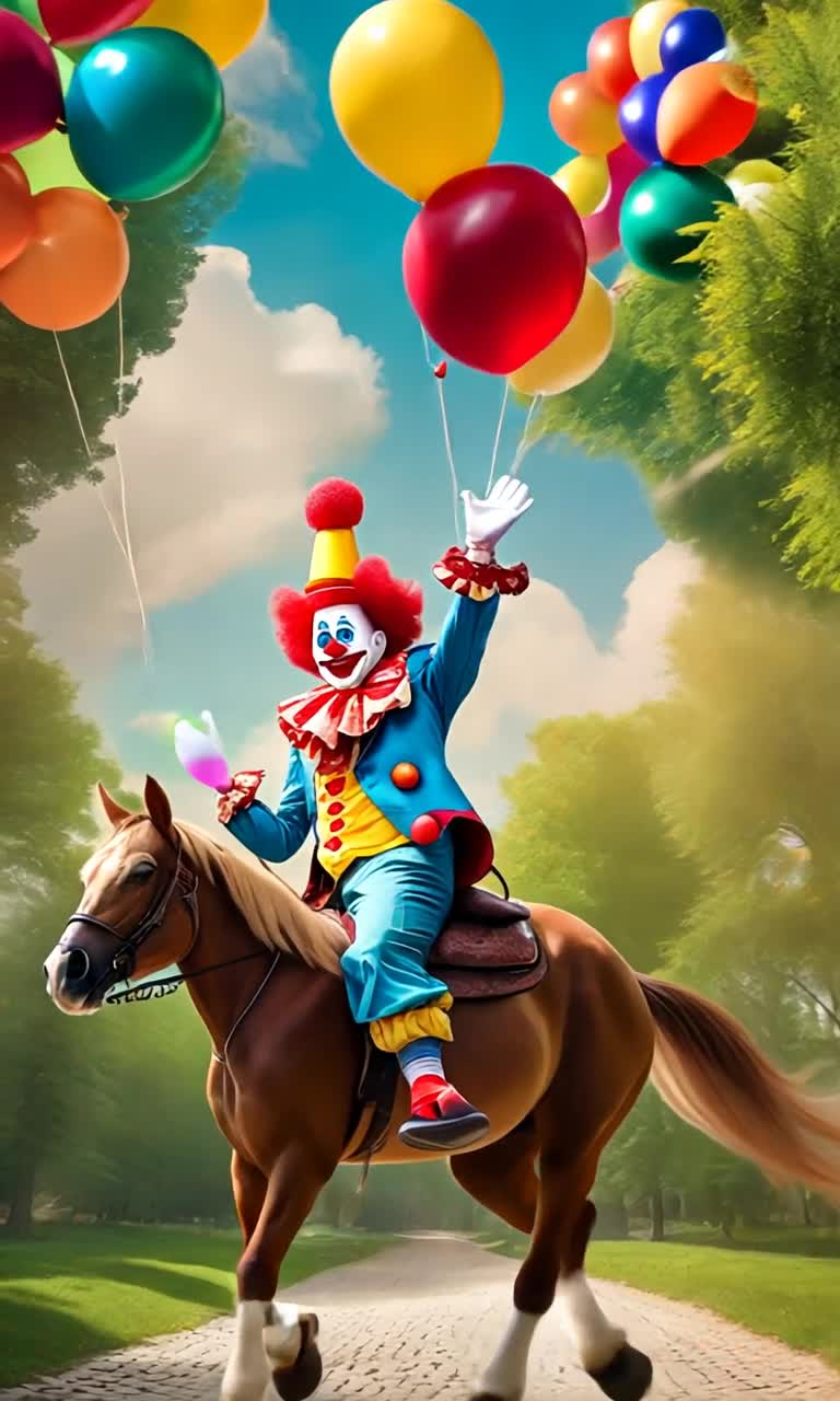 Vibrant bozo clown with oversized shoes vivid red nose gallops joyfully atop a majestic palomino horse down a sundrenched cobblestone path Colorful balloons sway gently in one hand while juggling bright rubber balls with the other Lush green trees line the path swaying softly in a warm summer breeze Fluffy white clouds drift lazily across the azure sky casting playful shadows on the ground Laughter echoes from nearby children delighted by this whimsical parade as flowers bloom in vibrant colors along the edges filling the air with sweet fragrances of spring