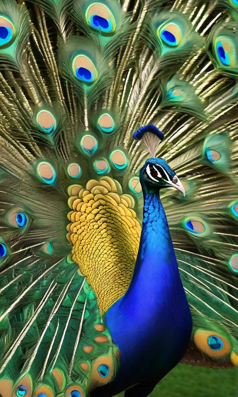 Majestic peacock strutting proudly revealing magnificent radiant plumage showcasing vibrant hues of blue green gold Tail feathers shimmer elegantly under brilliant sunlight each eyelike pattern dances capturing mesmerized onlookers Lush garden alive with blooming flowers swaying gently in soft breeze leaves rustling creating a tranquil enchanting atmosphere Golden rays filtering through blossoming tree branches casting playful shadows over vibrant petals adding depth to this captivating scene