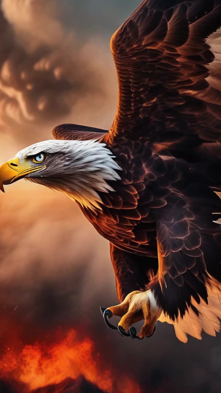 Majestic eagle soaring with powerful wings glowing embers trailing behind bright eyes fierce determination piercing through chaos soaring high above fiery landscapes dancing with swirling flames enveloped by thick swirling fog contrasting vibrant reds and oranges with dark shadows against scorched earth echoes of distant explosions rumbling through the air sending ripples of dread through smoke billowing skyward creating apocalyptic atmosphere filled with danger and beauty gazing down upon destruction witnessing a world on the brink of collapse immersed in breathtaking visuals of natures resilience amidst devastation