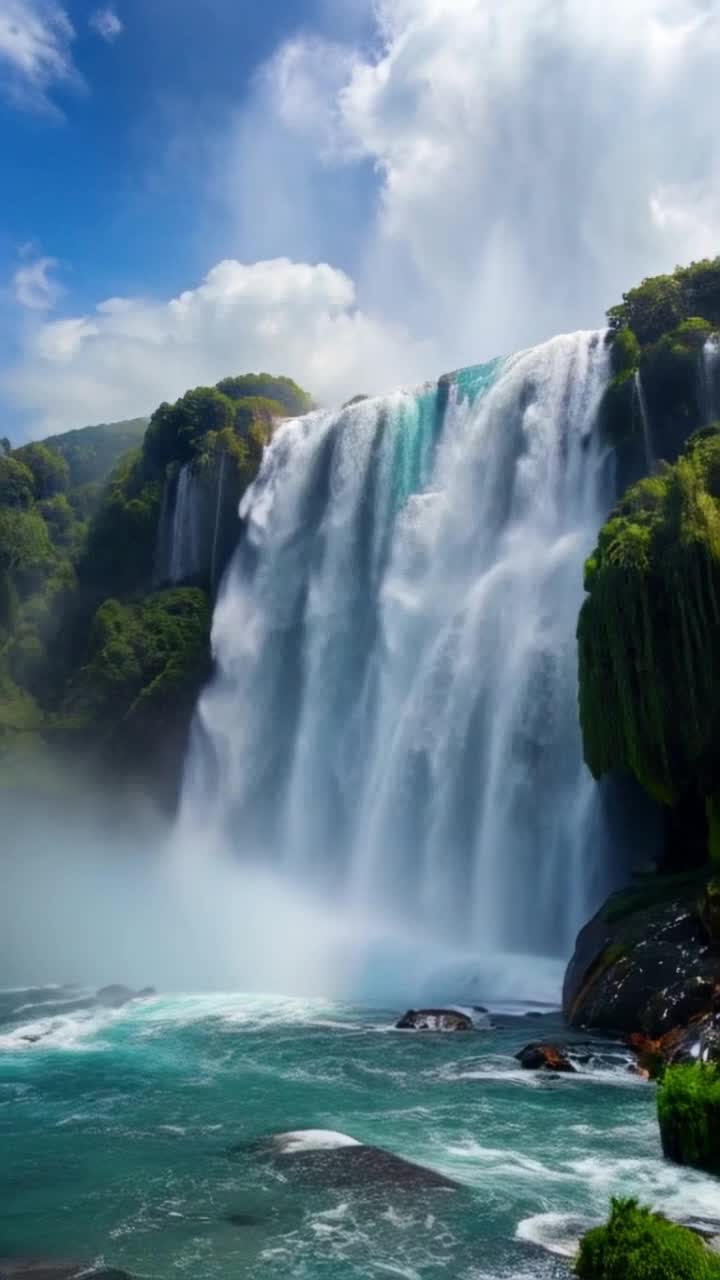 Vibrant rainbow unfurling from misty veil of majestic waterfall Towering cascade crashes powerfully into brilliant blue waters Sunbeams dancing playfully illuminating scene with ethereal glow Rainbow undulating gracefully through air vivid hues saturating thick mist Breathtaking display of colors and light filling atmosphere with enchanting beauty Lush greenery surrounding waterfall glistening with droplets shimmering like jewels as serenity envelops landscape Gentle breeze carrying soft whispers enhancing magical atmosphere Natures symphony harmonizing with visual feast inviting awe and wonder