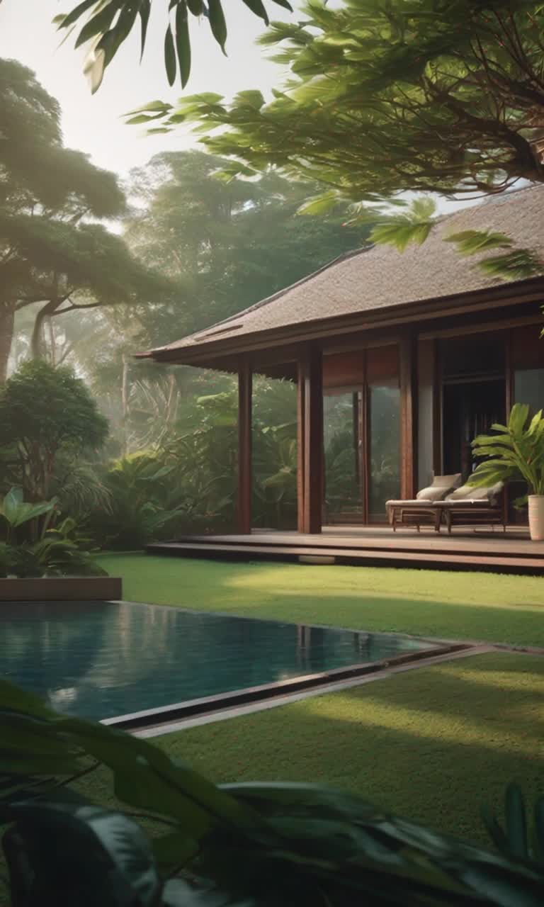 a nature view from a villa in South East Asia, gentle wind and tree movement, static camera
