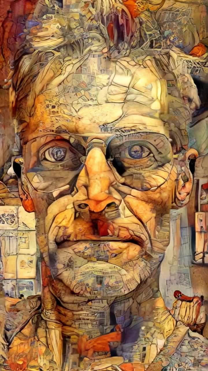 A weathered face with deep expressive lines shifting gracefully like flowing water carving a canyon through stone morphing into a smooth youthful visage Whispers of past stories swirling in the air A warm sunset casting ethereal golden light illuminating the scene reflecting off the transformation Shadows play delicately across a rustic wooden wall behind framing this surreal metamorphosis Gentle breeze dances with foliage nearby echoing the changes happening Vibrant autumn leaves fluttering to the ground adding contrast to this enchanting moment of renewal