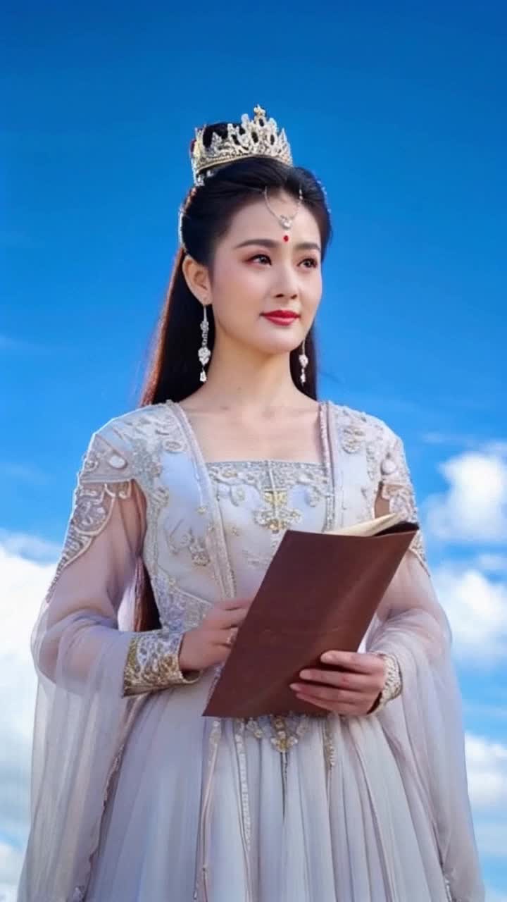 Queen  in an elegant royal dress, holding a scroll and gazing thoughtfully at the horizon