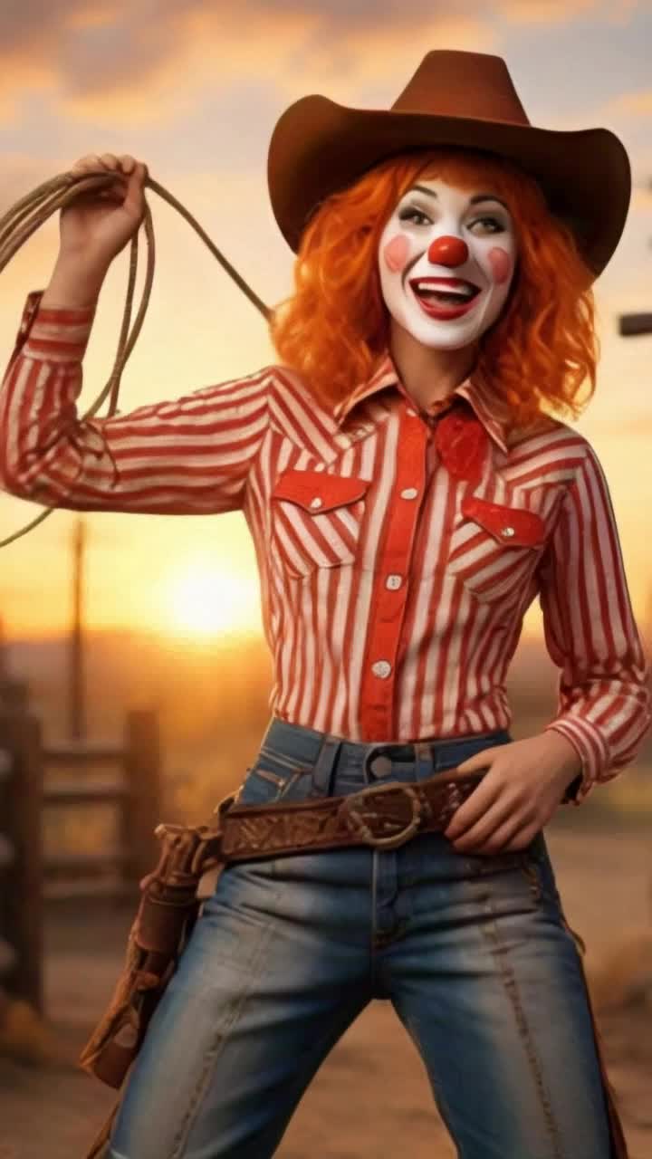 Colorful cowgirl clown with vibrant costume twirls lasso gracefully above her head in an energetic dance brightening dusty old western town filled with weathered wooden buildings surrounded by lively wildflowers under a stunning sunset sky