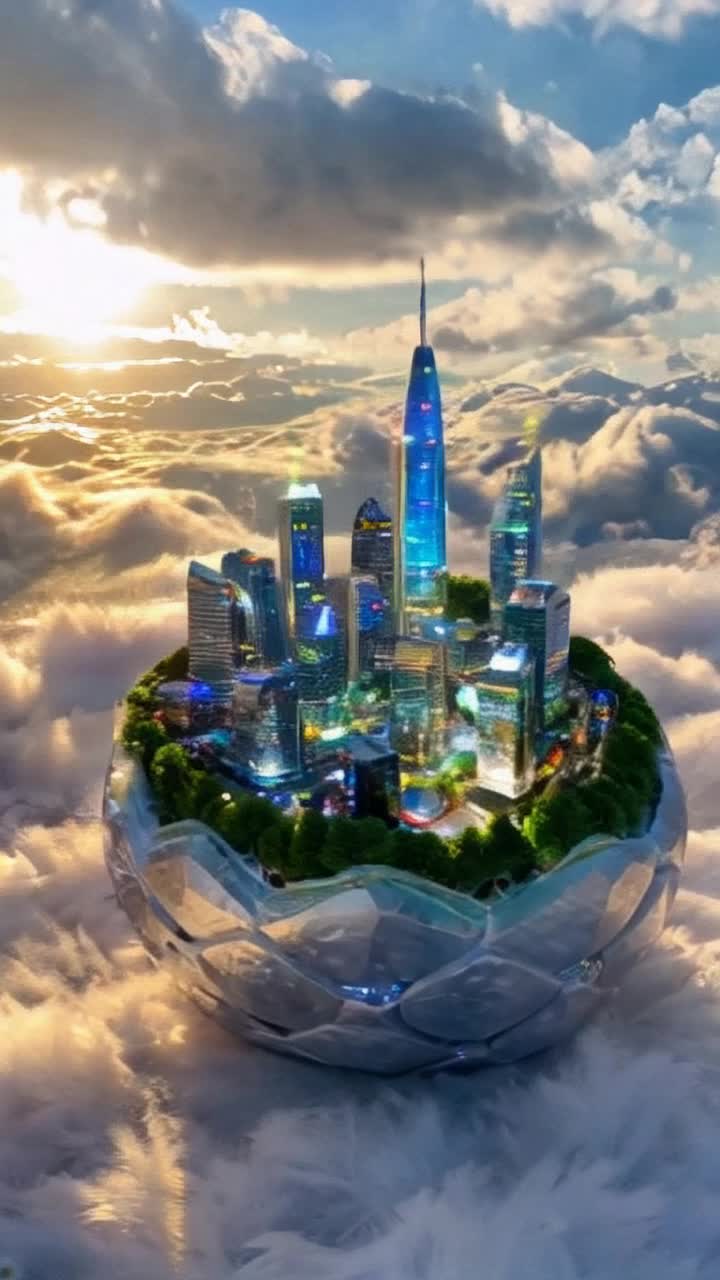 Delicate futuristic city nestled within an iridescent eggshell vibrant lights flickering from tiny skyscrapers miniature vehicles gliding crystalline roads Gentle breeze swaying the cozy nest adorned with soft feathers surrounded by lush greenery shimmering dew glistening under the golden sunlight Clouds drifting lazily overhead casting whimsical shadows on the cityscape as birds chirp softly nearby creating a serene atmosphere of harmony between nature and advanced technology