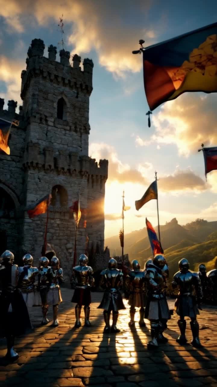 Courageous knights adorned in shimmering armor stand tall swords drawn fierce determination gleaming in their eyes resolute guardians of a magnificent stone castle ascending majestically against verdant hills bathed in golden sunlight vibrant banners dancing playfully in the breeze soft clouds drifting lazily across an azure sky imbuing the moment with a sense of foreboding golden rays of sunlight dipping low casting striking shadows over timeworn walls murmuring tales of bravery invoking a palpable sense of anticipation among vigilant sentinels ready for glory
