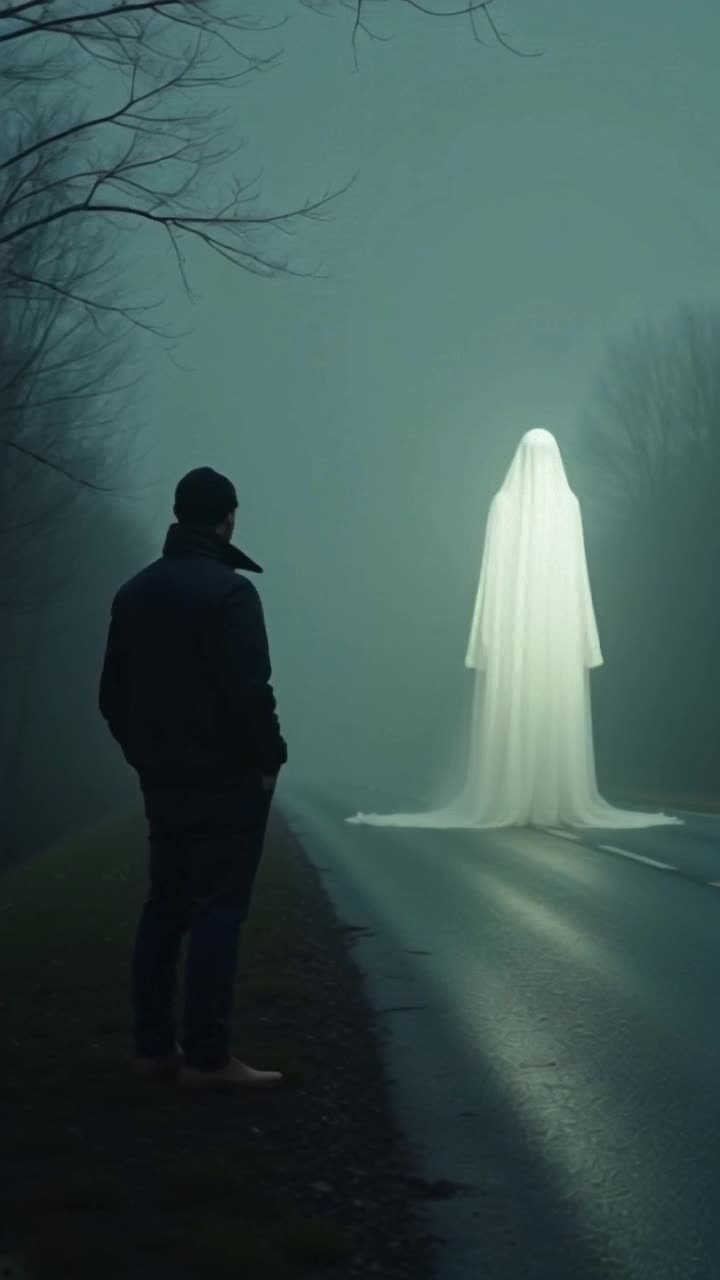 man watching a ghost walk down the road