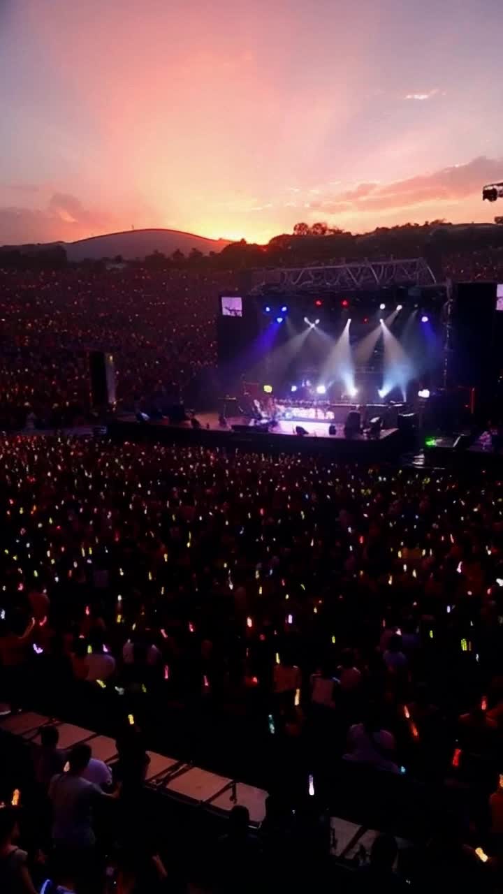 Crea un dj sobre un escenario frente a mucha gente bailando y saltando con muchas luces y efectos en un ambiente sunset