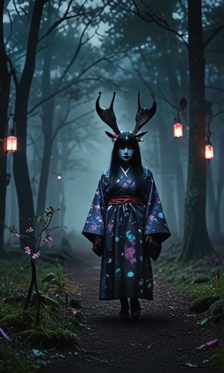 Elegant woman with dark hair adorned in an intricately styled traditional kimono features whimsical eerie designs intertwining florals with dark tones glides gracefully through a surreal forest oversized cherry blossoms loom above twisted trees sway gently floating lanterns cast a soft glow dim lighting enhances high contrast creating a moody atmospheric scene infused with vintage 1980s cinematic nostalgia film grain dances across muted colors mystical ambiance envelops her whimsical presence wrapped in shadows hints of magic fill the air whispering dark secrets throughout the enchanted grove