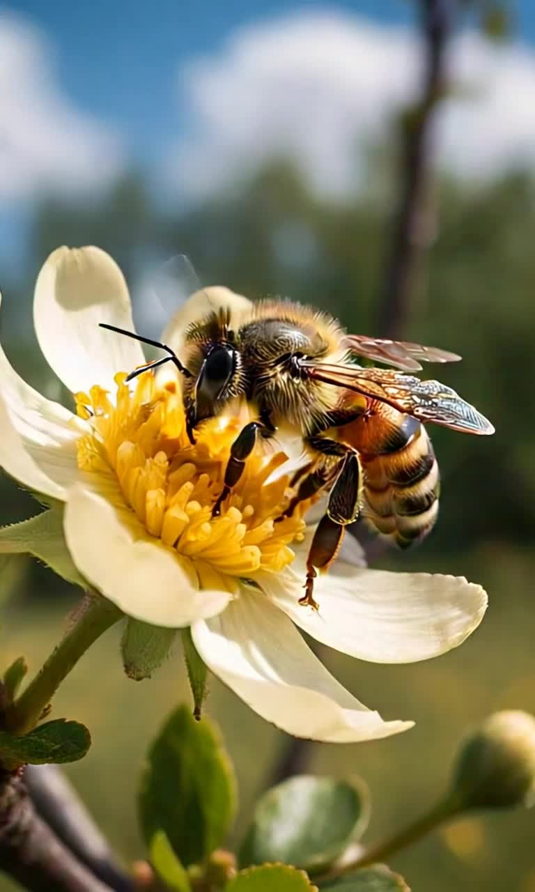 Vibrant bee with shimmering wings buzzing gracefully around a radiant flower Petals glistening like jewels illuminated by warm sunlight Lush green leaves swaying gently in a soft breeze Colorful background filled with blooming buds and buzzing activity Pollinators darting in a vivid garden alive with movement and color