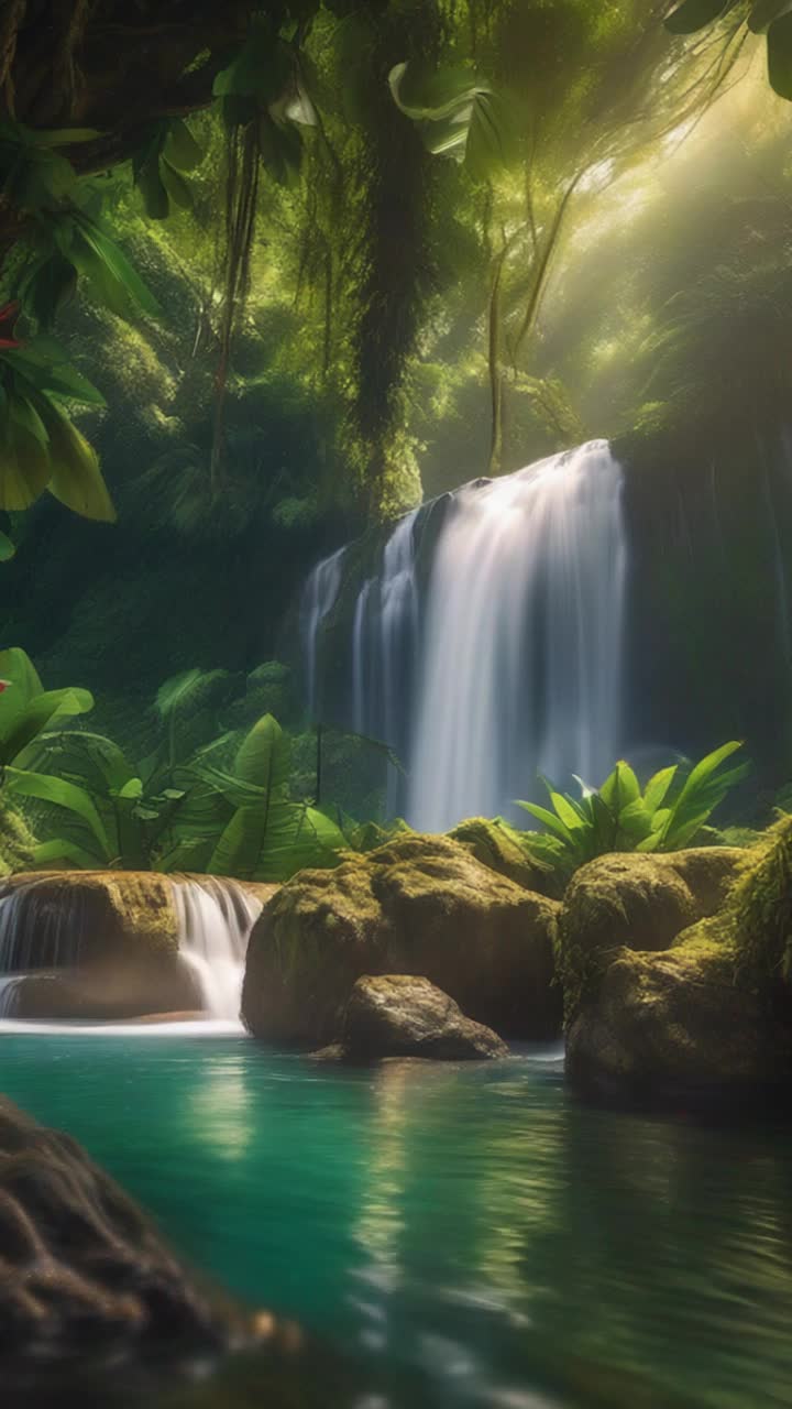 Majestic waterfall cascading down rugged rocks surrounded by lush vibrant rainforest Dense greenery teeming with exotic plants and colorful flowers Yellow raft plunging into frothy waters below splashing droplets into the air Sunlight filtering through leaves creating a dappled lighting effect on the scene Embracing the soothing sounds of rushing water and chirping birds filling the atmosphere with serenity