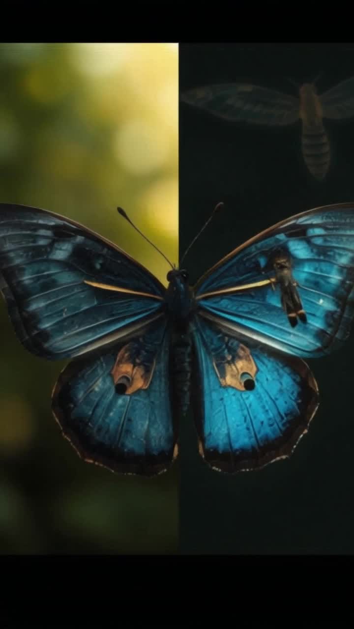 split screen into 2 sides, one side night, one side day, the day side has a beautiful blue butterfly rising up, the other side has a dirty grey moth flying down, they are both mirroring each other, they represent the complete opposite of eachother, 