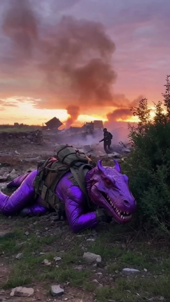 Un valiente soldado cado vestido en un traje de dinosaurio morado arrastrndose lentamente por el suelo mientras un compaero agotado se esconde medio oculto tras un arbusto verde vibrante al borde del campo de batalla repleto de escombros y ruinas creando una atmsfera de tensin y desilusin en un entorno blico salpicado de humo y sombras del atardecer que pintan el cielo de tonos naranja y prpura