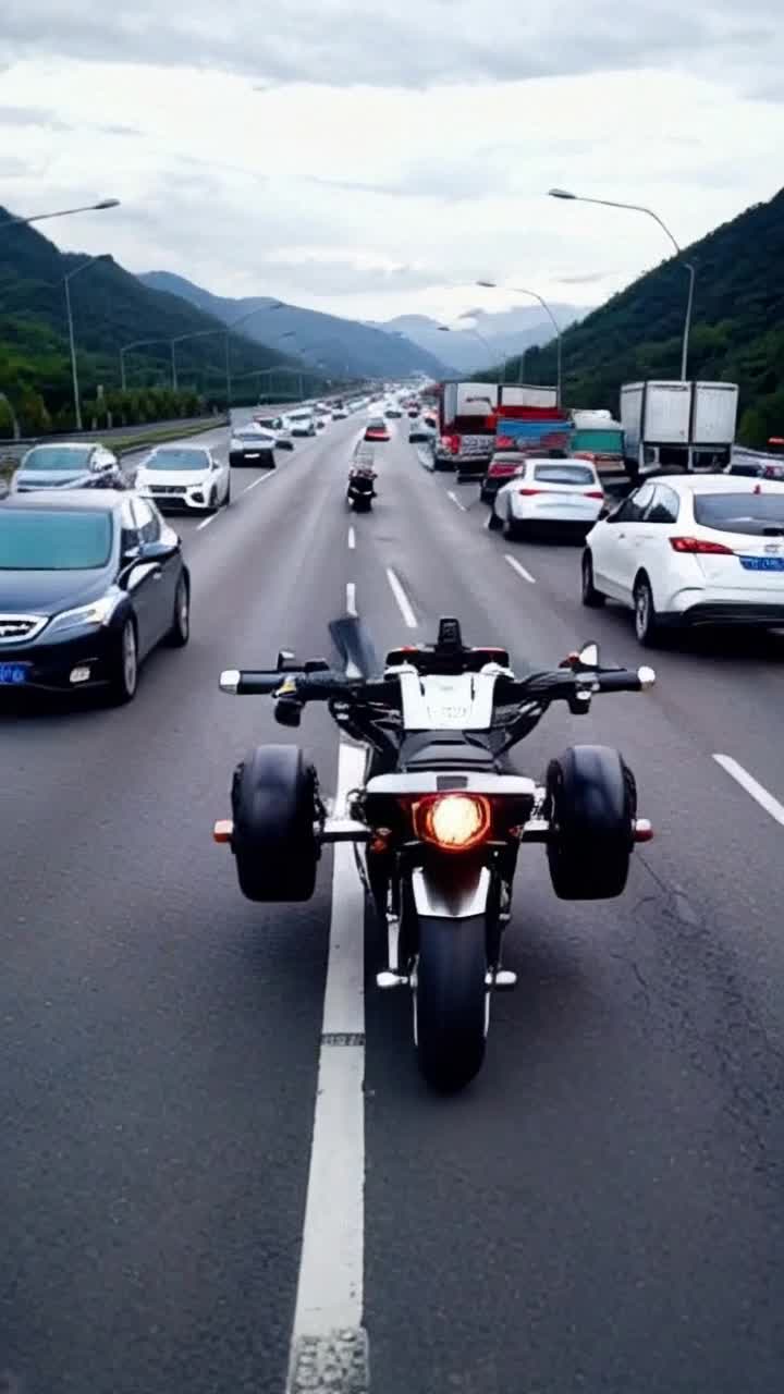 Future motorcycle wheels become jet propulsion as it lifts a rider into to the air to fly over a congested highway, leaving the street lanes to fly into the mountains
