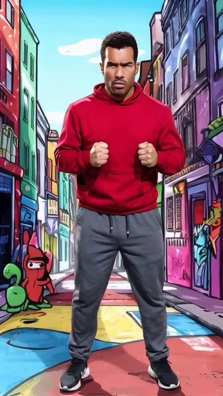 Dark brown skinned African American man in vibrant red sweatshirt vivid grey jogging pants standing fiercely on lively cartoon comic street ready to unleash intensity camera zooming in sharply then spanning out revealing bustling cityscape colorful buildings and vibrant graffiti showcasing dynamic energy filled with animated characters in the background