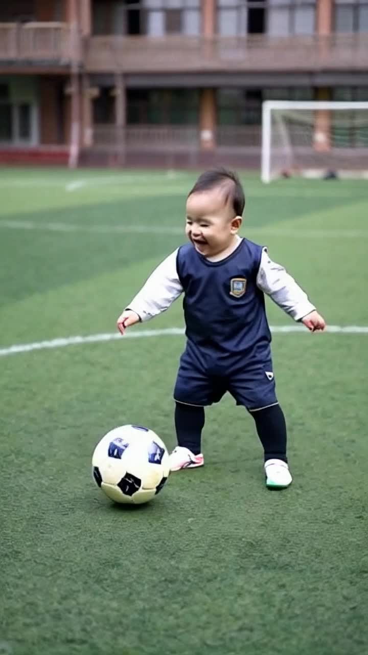 Hazme un bebe jugando ftbol mmuy feliz en el campo