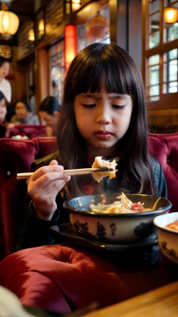 Japanese girl with expressive eyes tears streaming down her cheeks delicately grasping steaming dim sum with chopsticks savoring each bite savoring flavors bursting with nostalgia Inside a cozy bustling dim sum restaurant adorned with vibrant lanterns and intricate woodwork warm light casting gentle shadows on velvet cushions eager patrons chatting animatedly in the background
